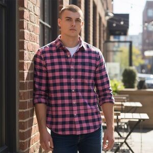 American Eagle Outfitters Pink and Navy Checkered Shirt